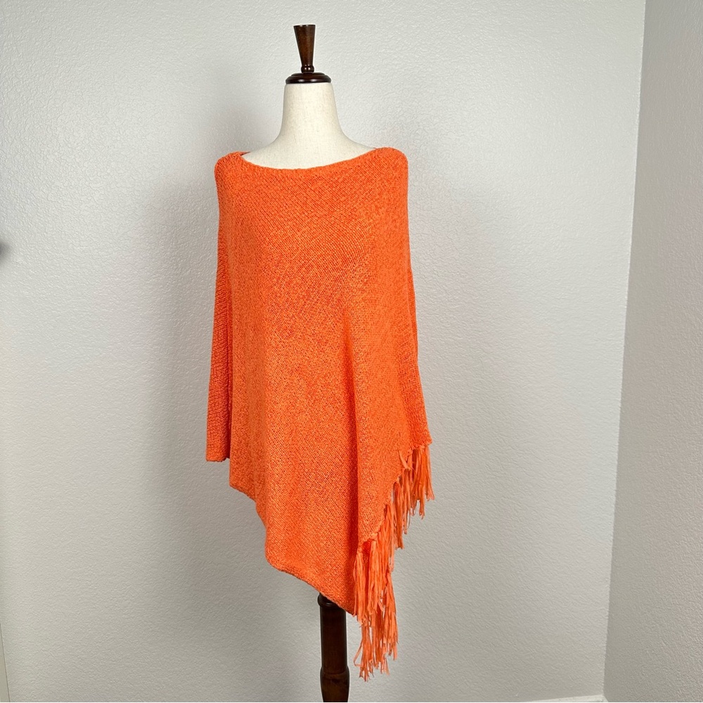 Chicos Tape Yarn Knit Poncho Fringe Vivid Orange Neon Swim Cover Resort Sz L XL